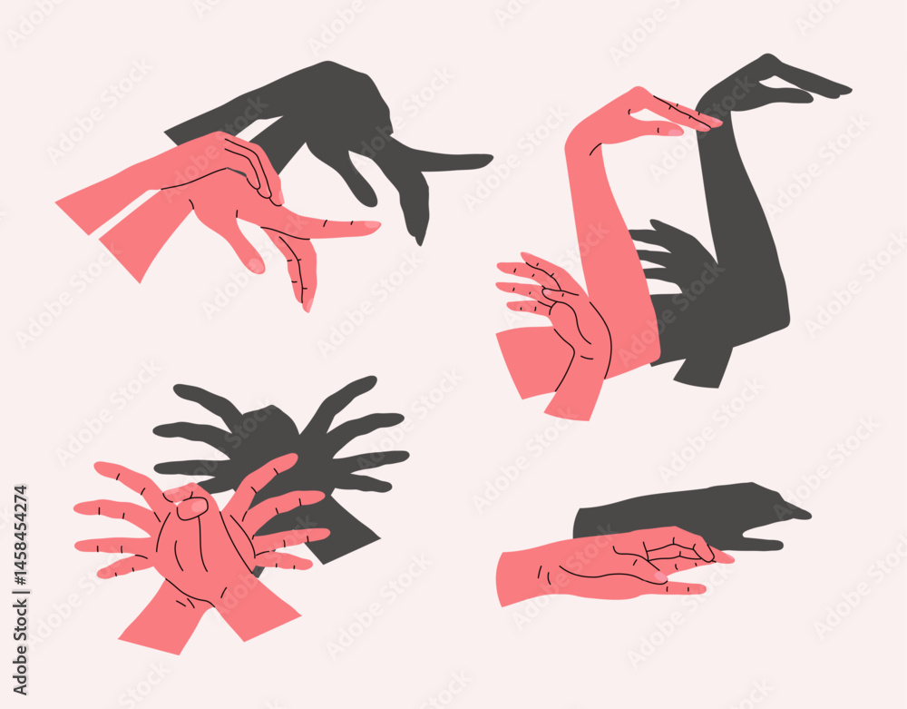 Poster cartoon color different hand shadow puppets spider, swan and beak set. vector illustration of hands 