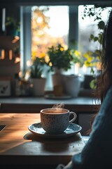 Obraz premium A warm, inviting kitchen with a cup of tea on the table. A person is sipping their tea, trying to unwind after weeks of feeling burned out and overstressed.