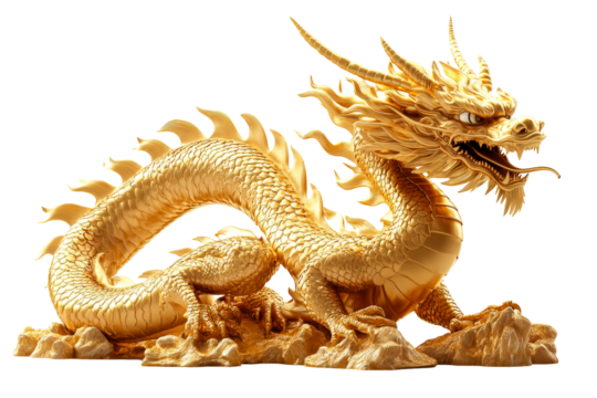 Intricate golden dragon with scales and horns, cut out transparent