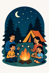 Family Sitting Around Campfire at Night – Vector Illustration