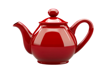 Shiny scarlet teapot with handle and lid, cut out transparent