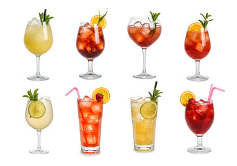 Popular vibrant colored refreshing cocktails set pack, isolated on white background. Exotic summer cocktail with garnish in highball glass.