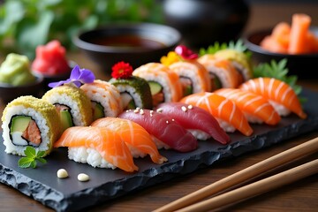 A delicious and colorful assortment of freshly prepared sushi with various garnishes