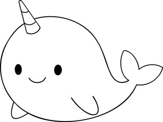Cute narwhal with smiling face and unicorn like horn, perfect for children illustrations