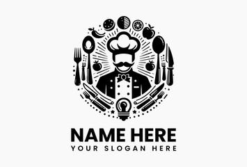 Minimalist chef holding knife and fork inside wheat-decorated circle in elegant black and white line-art logo design, symbolizing refined food service and professionalism  