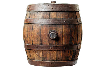 Obraz premium Old wooden brown barrel isolated on white background perfect for rustic decor or vintage product displays