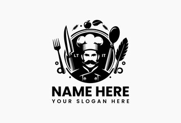 Minimalist chef holding knife and fork inside wheat-decorated circle in elegant black and white line-art logo design, symbolizing refined food service and professionalism  