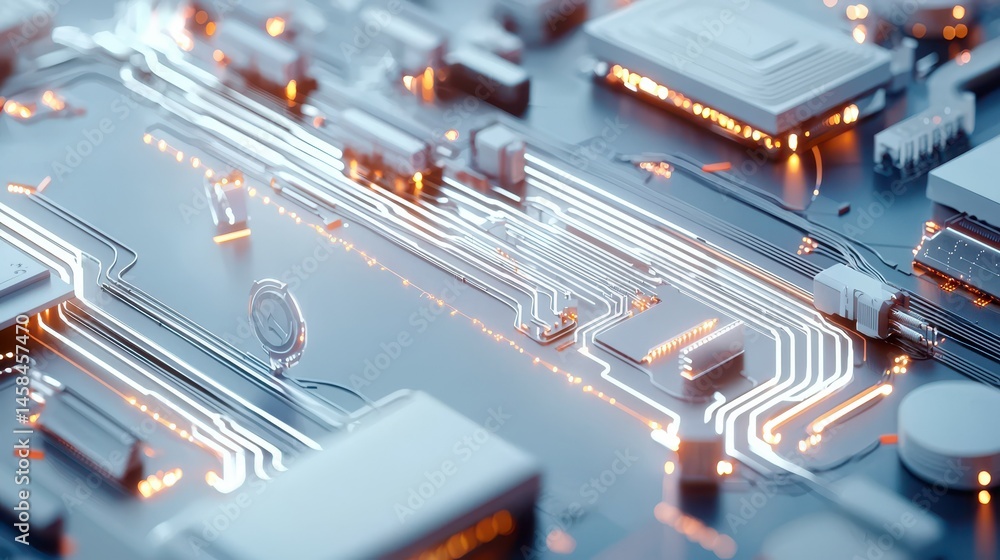 Poster close-up of a high-tech circuit board illuminated with glowing lines and components.