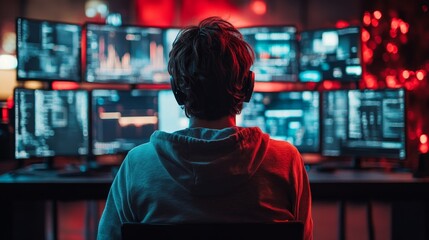 Hacker monitoring multiple data streams in dark room with red-blue lighting glow.