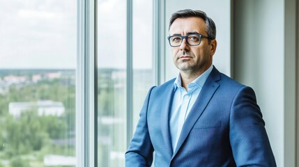 Fototapeta premium Confident Businessman by Window, Modern Office Portrait