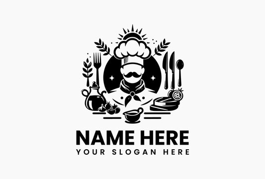 Minimalist chef holding knife and fork inside wheat-decorated circle in elegant black and white line-art logo design, symbolizing refined food service and professionalism  
