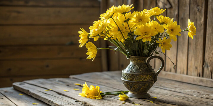 Yellow Flowers in a Vintage Vase on Wooden Surface