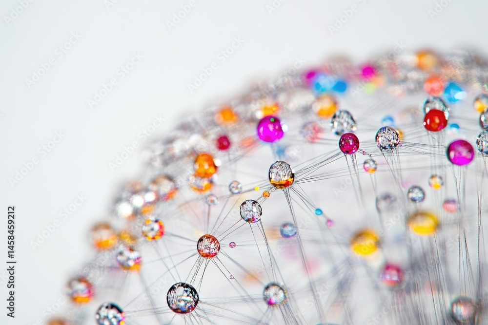 Aufkleber colorful water droplets connected by thin threads forming a complex network structure.