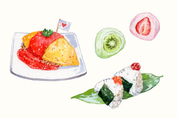 Watercolor Japanese food elements collection