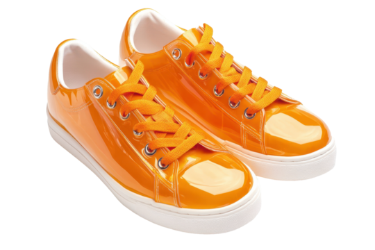Bright orange sport sneakers pair in transparent PNG format perfect for fashion and fitness design projects