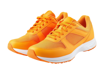 Orange sports shoes pair in clear transparent format perfect for running themes and sporty visuals