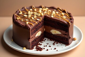 Decadent chocolate cake with caramel drizzle and nuts on white plate dessert treats