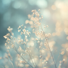 Naklejka premium Gentle breeze sways delicate wildflowers sunlit meadow nature photography tranquil atmosphere close-up perspective