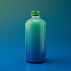 glass bottle stands tall with a captivating blue to green gradient, highlighting its smooth texture and minimalist design. 3d render