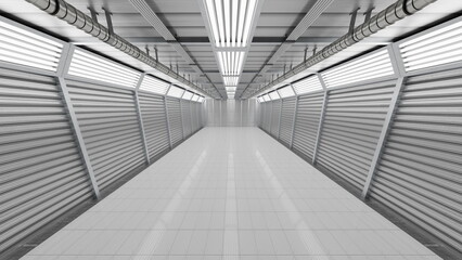 Wide corridor showcases sleek metallic walls and overhead bright lighting, creating a futuristic atmosphere in a spacious urban building during daytime. 3d render