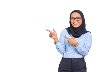 Portrait of smiling young Asian woman pointing finger at copy space isolated on transparent background