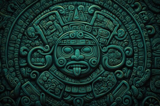 Intricate green stone carving of an ancient Aztec sun calendar with detailed patterns and a central face motif.