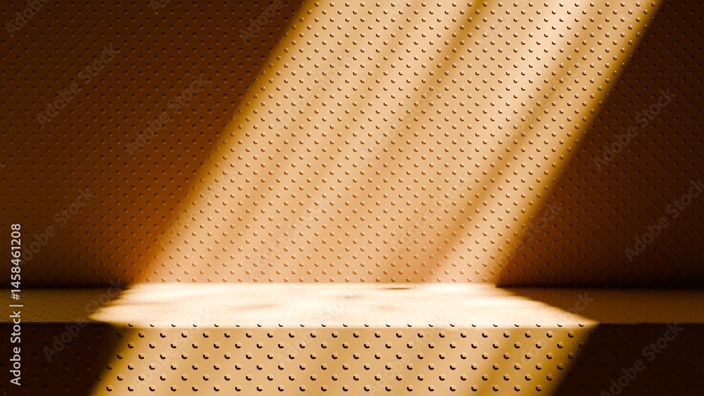 Poster sunlight streams through a window, casting distinct shadows on a perforated wall and a subtle highli