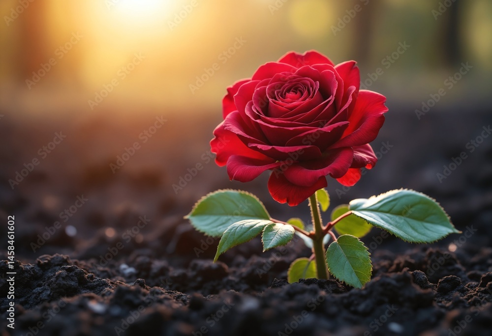 Poster a vibrant red rose emerging from dark soil illuminated by warm light symbolizing resilience