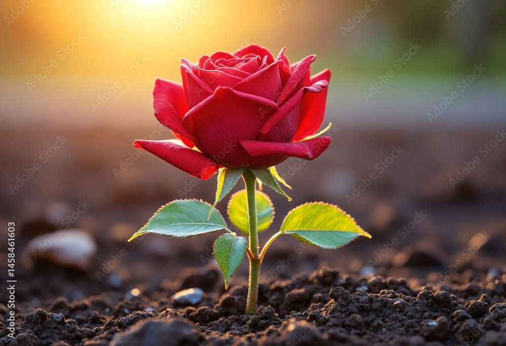Poster a vibrant red rose emerging from dark soil illuminated by warm light symbolizing resilience