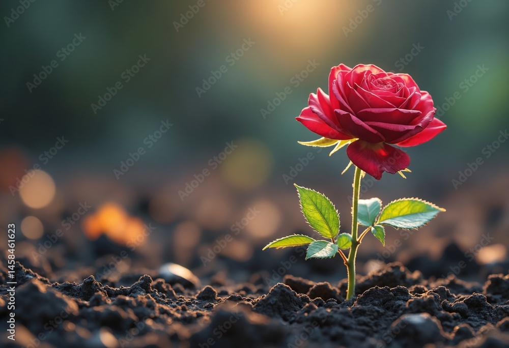 Poster a vibrant red rose emerging from dark soil illuminated by warm light symbolizing resilience