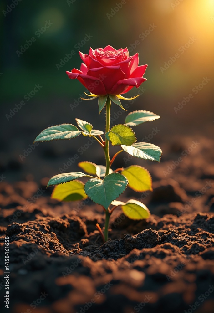 Poster a vibrant red rose emerging from dark soil illuminated by warm light symbolizing resilience