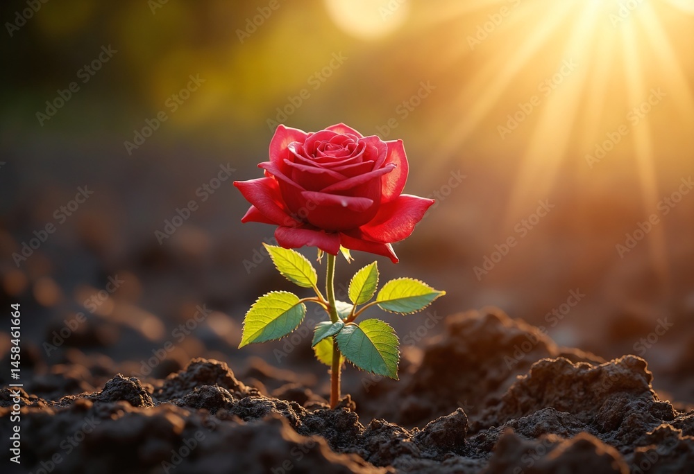 Poster a vibrant red rose emerging from dark soil illuminated by warm light symbolizing resilience