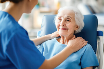 Fototapeta premium Compassionate caregiver supports a smiling elderly woman in a wheelchair, symbolizing trust and quality care. 