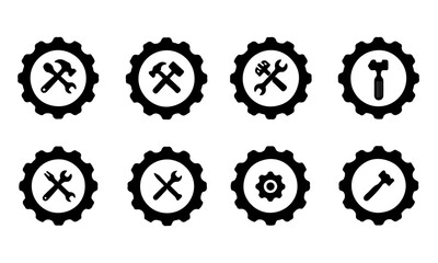 Black Gear and Tool Icons Set. Eight black gear icons with white centers containing various black tool icons (hammers, wrenches, screwdrivers, smaller gear)
