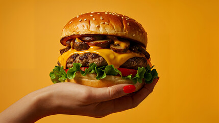 Big juicy burger with sesame bun in hand on orange background.