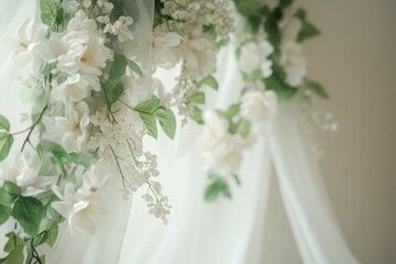 Elegant white floral arrangements draping softly in a serene indoor setting amidst delicate greenery