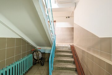 interior apartment public place, house entrance. doors, walls, staircase corridors. staircase in a...