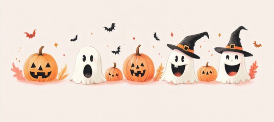 Playful Halloween illustration with cartoon ghosts pumpkins and witch hat on beige background for spooky holiday graphics
