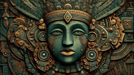Fototapeta premium Ornate, symmetrical mask with intricate Aztec-inspired patterns, featuring gold, green, and teal hues in a detailed, artistic design.