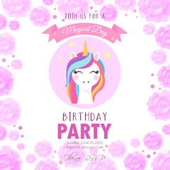  Cute unicorn birthday invitation template with roses. Vector design perfect for magical kids' party, baby shower or celebration. Editable and ideal for print or digital use