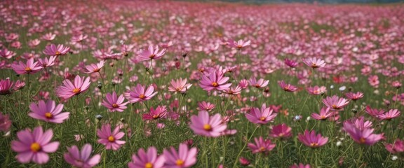 Naklejka premium Vast field of vibrant cosmos flowers swaying gently in the breeze , pretty flowers, purple cosmos