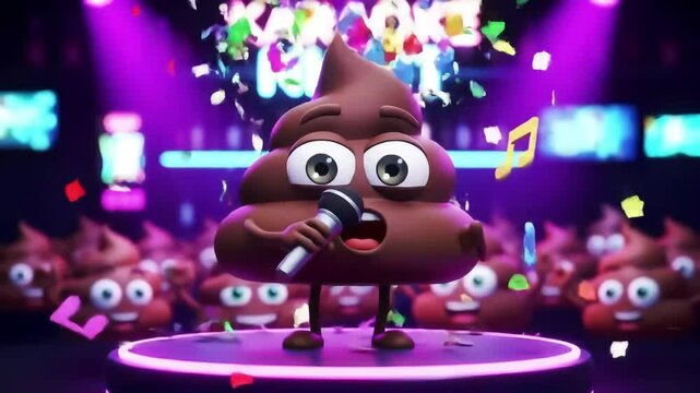 Funny poop emoji sings karaoke on stage with microphone and purple lighting design concept