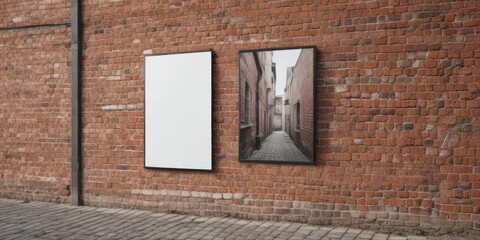 Outdoor poster mock-up affixed to an aged brick wall, poster mockup,  texture