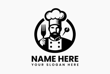 Abstract chef’s hat formed by knife and fork within a geometric wheat circle, modern vector logo for food tech  