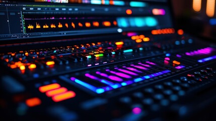 Obraz premium Nighttime Studio Mixing Console Audio Production