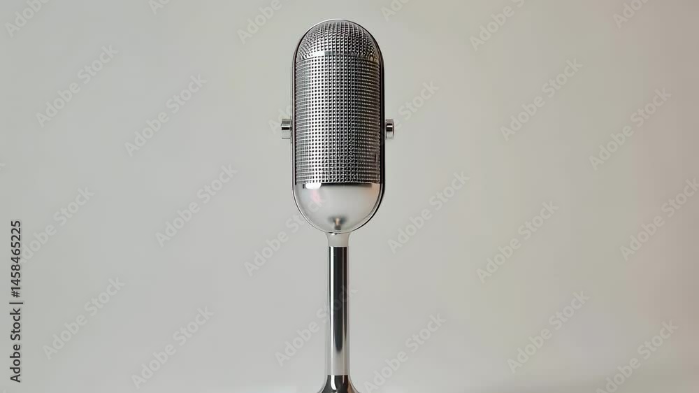 Poster professional vintage microphone standing against clean white background, showcasing classic silver m