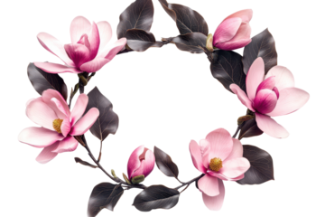 A pink magnolia flower wreath with dark leaves brings elegant contrast and natural beauty to designs