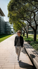 A person walks along a sleek glass corridor surrounded by lush greenery. Dressed casually with a coffee in hand, they blend into the modern urban setting, creating a stylish and serene scene.