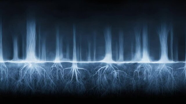 Abstract roots and energy beams emerging from a dark substrate.  Intricate, glowing tendrils extend vertically, while faint, branching roots appear beneath