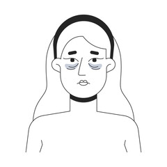 Blonde woman tired face with dark circles under eyes outline illustration. Puffiness, fatigue skincare. Caucasian white female 2D line character isolated on white. Monochrome vector ink linear image